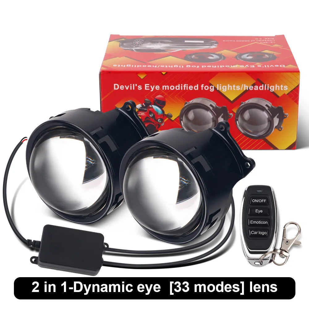 LED Car Dynamic Devil Eye Light Headlight Decoration 3-Inch 33Mode 3D Lens Pupil Eagle Eye Lamp with Remote Control Retrofit Kit