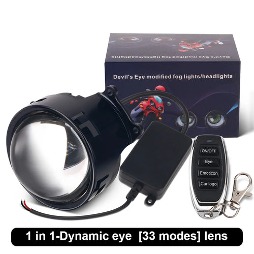 LED Car Dynamic Devil Eye Light Headlight Decoration 3-Inch 33Mode 3D Lens Pupil Eagle Eye Lamp with Remote Control Retrofit Kit