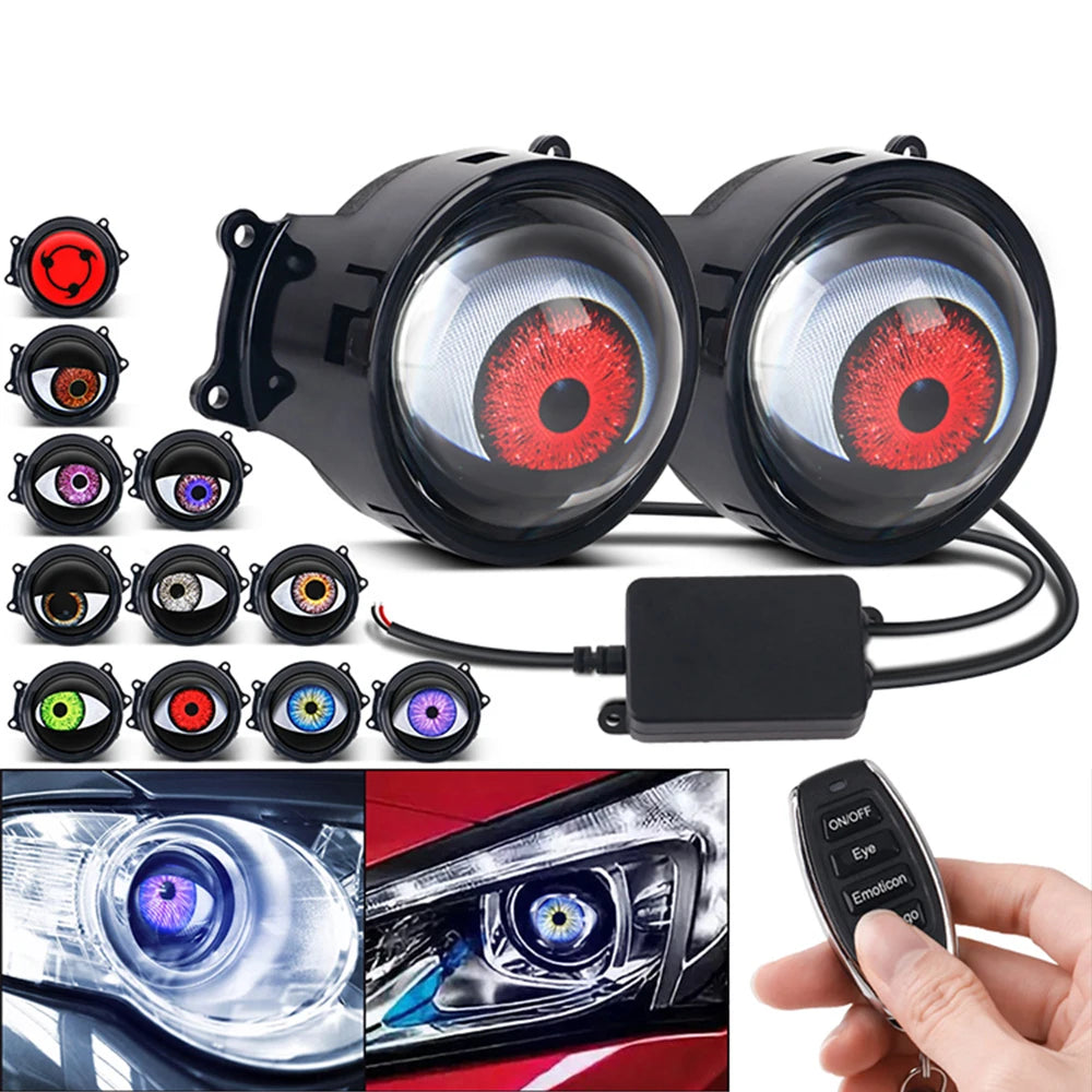 LED Car Dynamic Devil Eye Light Headlight Decoration 3-Inch 33Mode 3D Lens Pupil Eagle Eye Lamp with Remote Control Retrofit Kit