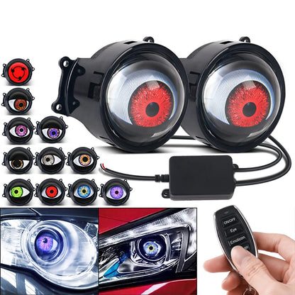 LED Car Dynamic Devil Eye Light Headlight Decoration 3-Inch 33Mode 3D Lens Pupil Eagle Eye Lamp with Remote Control Retrofit Kit