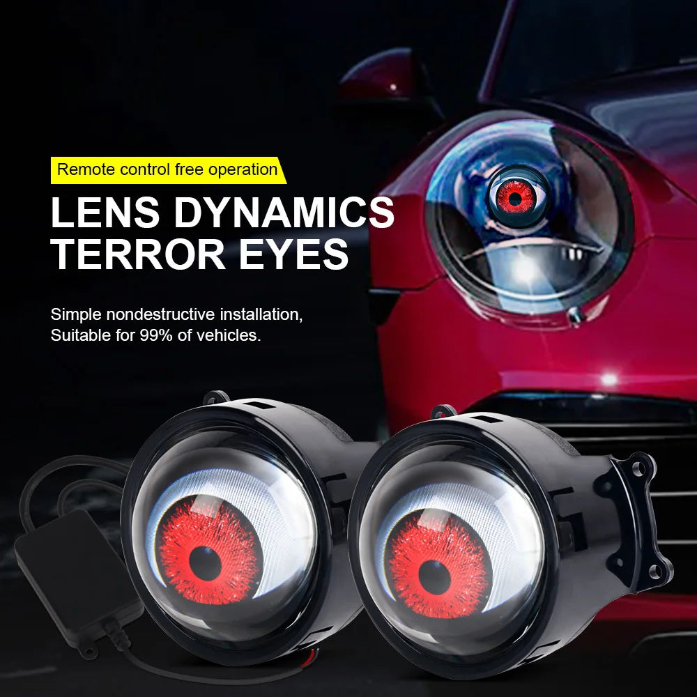LED Car Dynamic Devil Eye Light Headlight Decoration 3-Inch 33Mode 3D Lens Pupil Eagle Eye Lamp with Remote Control Retrofit Kit
