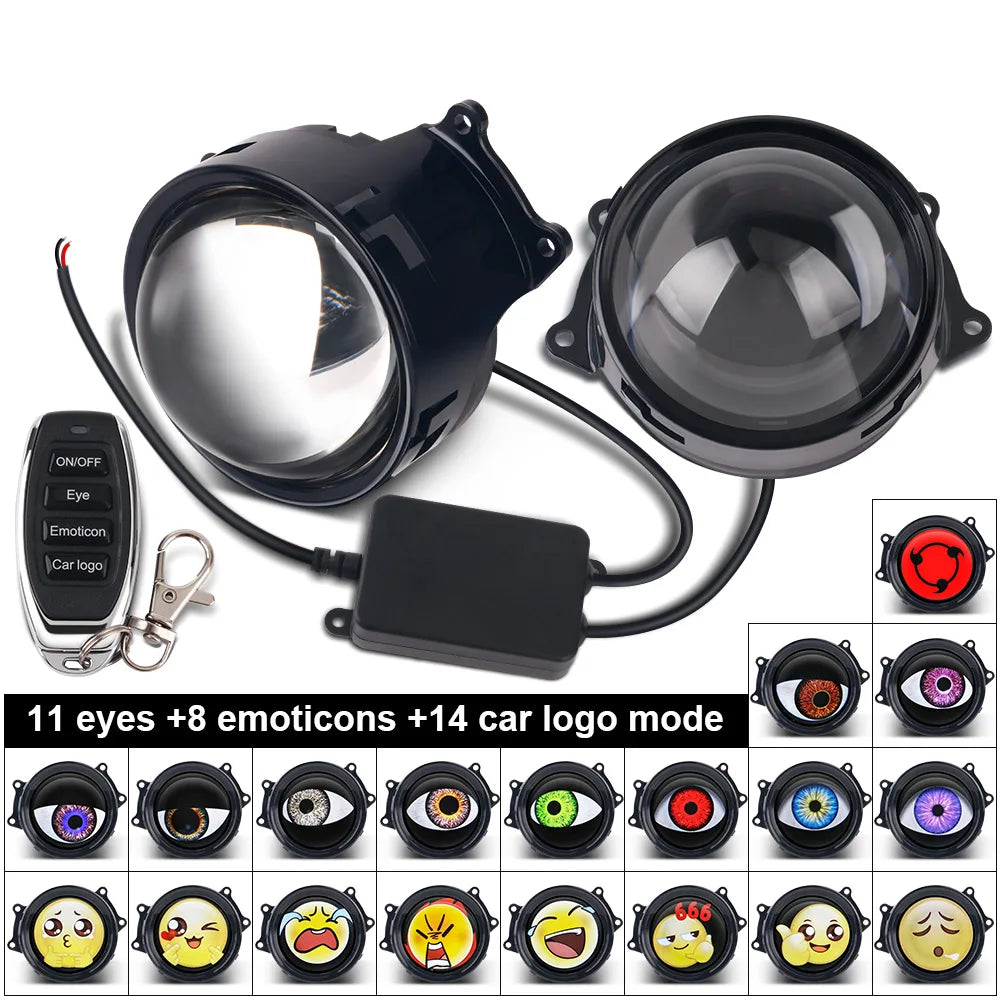 LED Car Dynamic Devil Eye Light Headlight Decoration 3-Inch 33Mode 3D Lens Pupil Eagle Eye Lamp with Remote Control Retrofit Kit