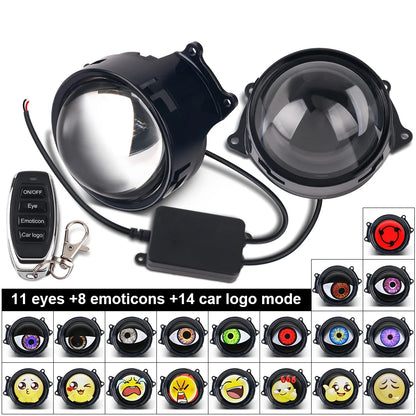 LED Car Dynamic Devil Eye Light Headlight Decoration 3-Inch 33Mode 3D Lens Pupil Eagle Eye Lamp with Remote Control Retrofit Kit