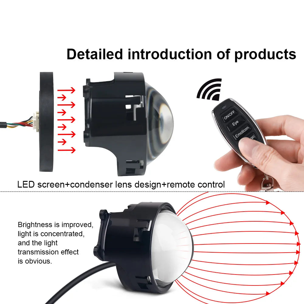 LED Car Dynamic Devil Eye Light Headlight Decoration 3-Inch 33Mode 3D Lens Pupil Eagle Eye Lamp with Remote Control Retrofit Kit