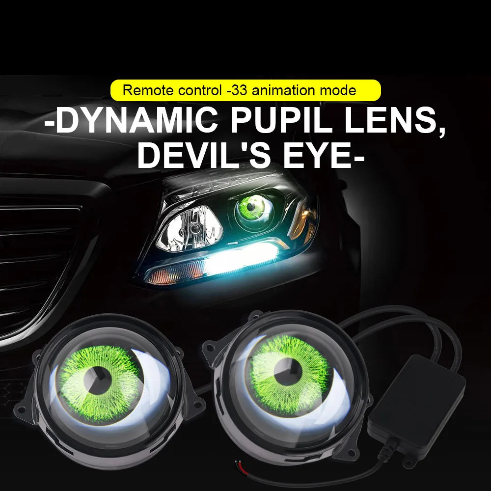 LED Car Dynamic Devil Eye Light Headlight Decoration 3-Inch 33Mode 3D Lens Pupil Eagle Eye Lamp with Remote Control Retrofit Kit